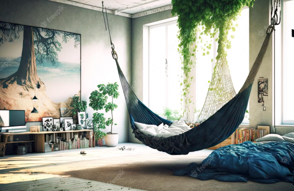 Tempat tidur gantung di tengah ruangan